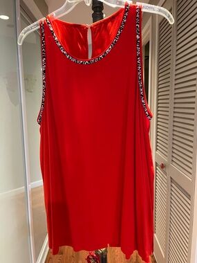 Red Beaded Trim Sleeveless Tank
